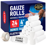 Gauze Rolls - 24 Pack - 4" X 4.1Yd Breathable Rolled Gauze - Individually Wrapped with Bonus Tape - First Aid Conforming Stretch Wrap for Wounds