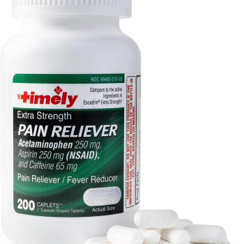 Timely Extra Strength Headache Relief - Acetaminophen with Aspirin & Caffeine (200 Caplets) - Headache, Migraine & Back and Body Pain & Muscle Aches - Extra Strength - Made in USA